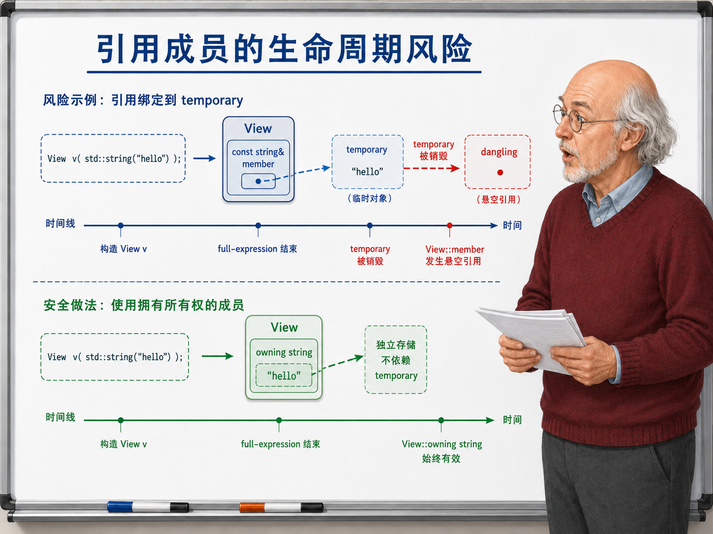 C++ 引用成员生命周期风险及安全做法示意图