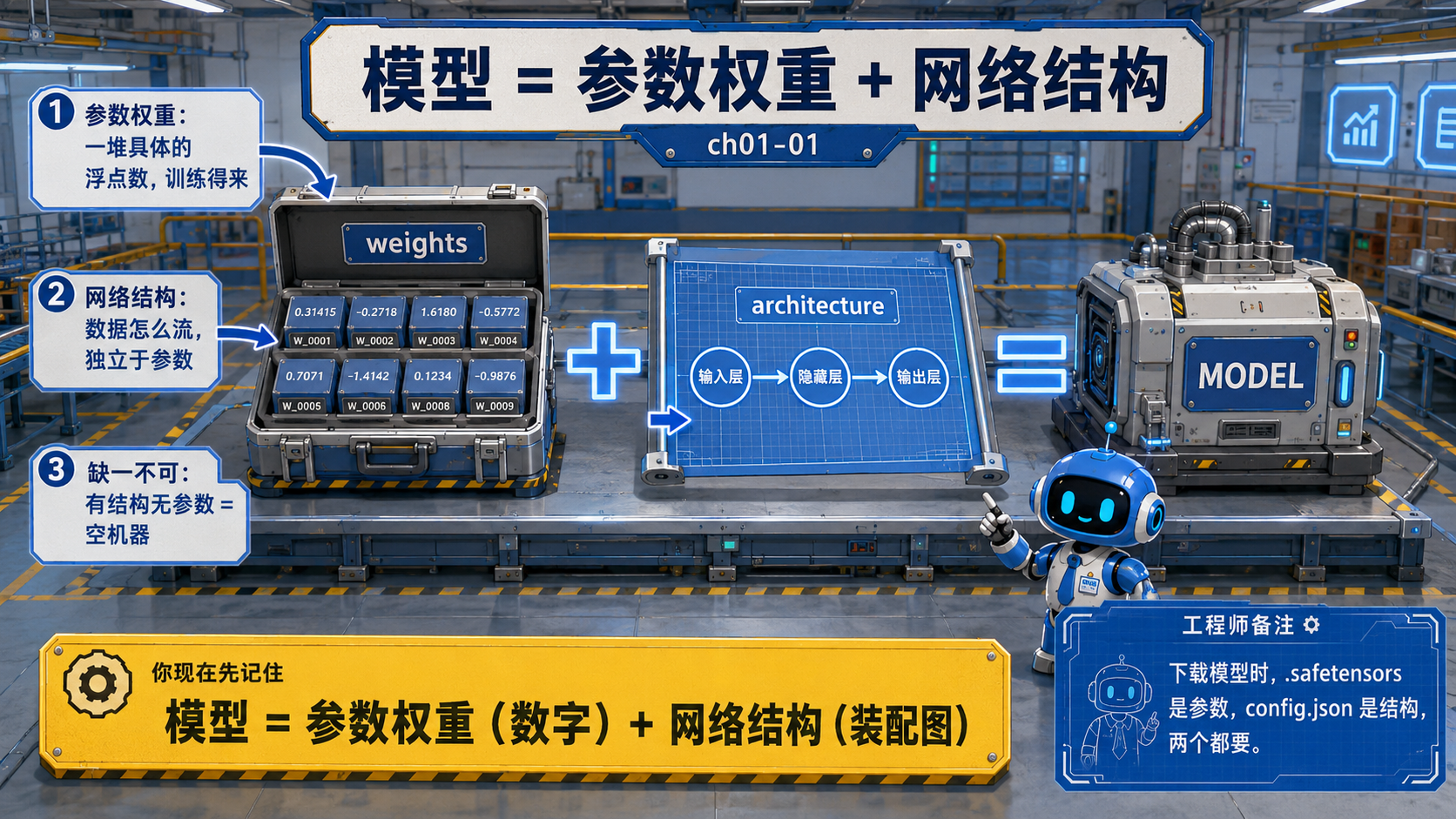 模型的构成,分为参数权重和网络结构两部分示意图