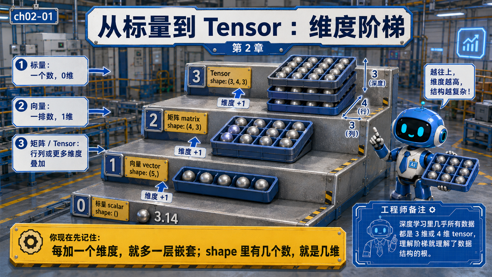 从标量到Tensor的维度阶梯示意图