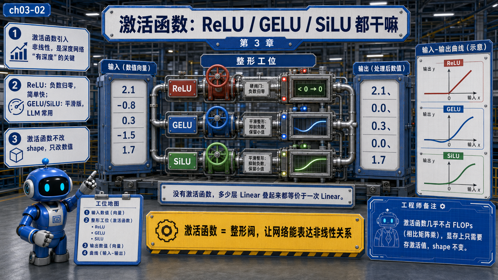 激活函数ReLU、GELU、SiLU的作用示意图