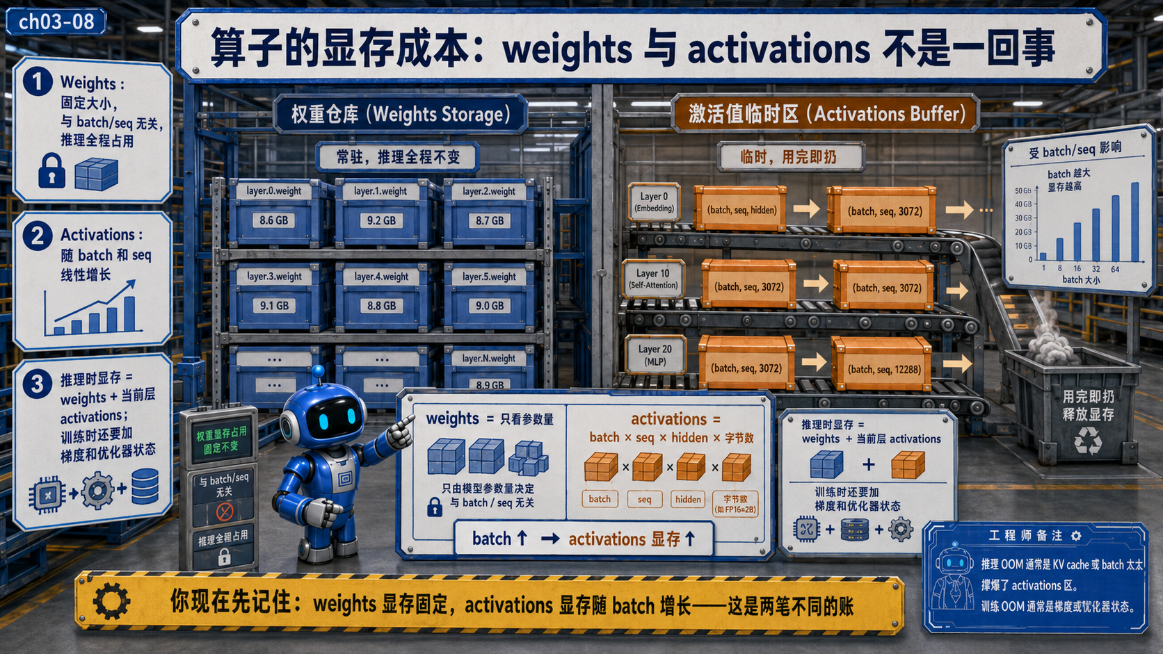 算子显存成本中weights与activations的区别示意图