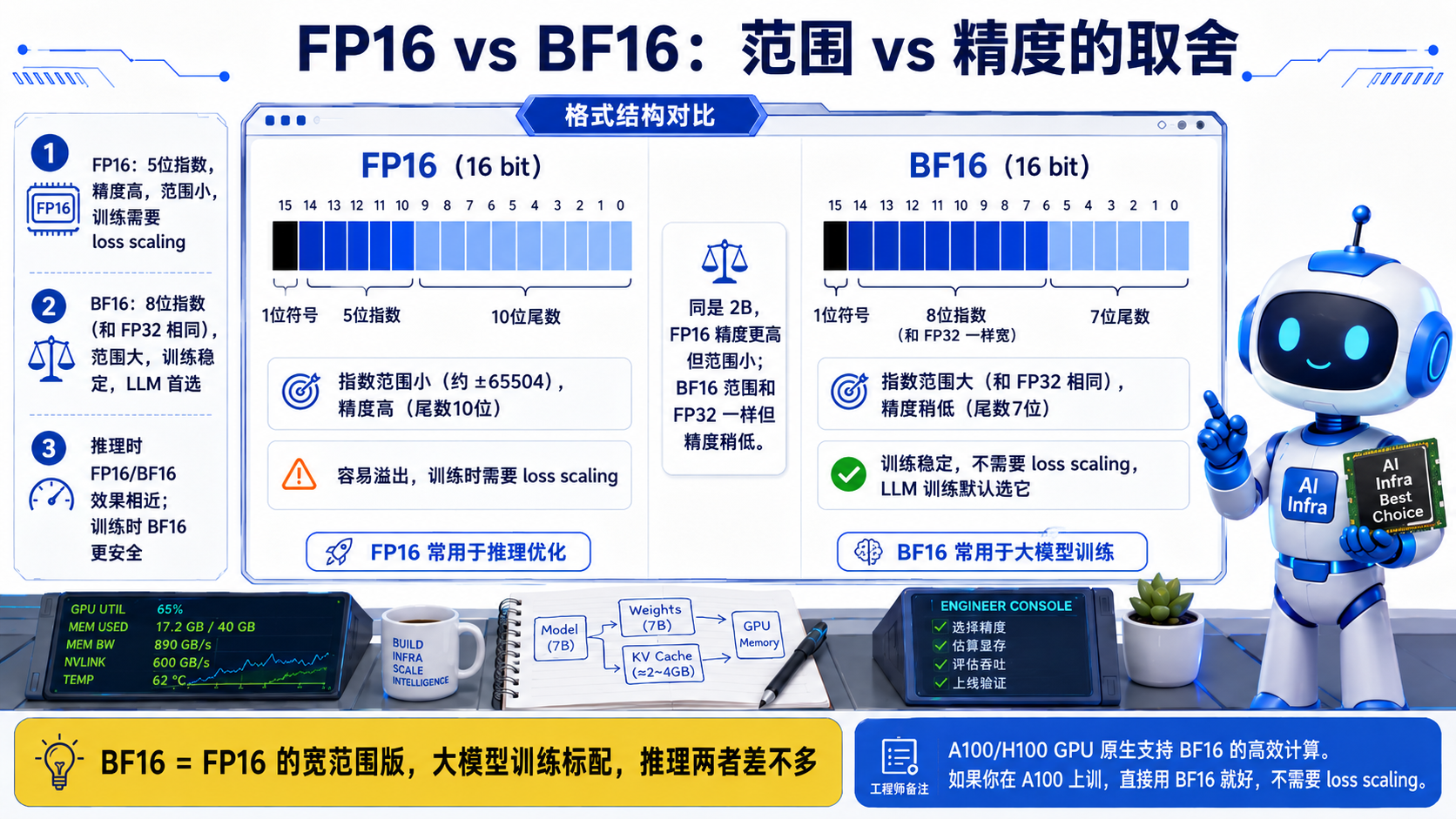 FP16 vs BF16:范围 vs 精度的取舍示意图