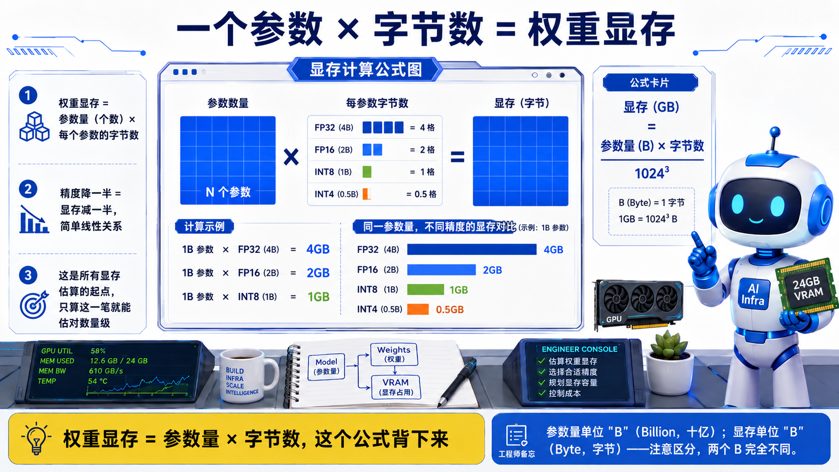 一个参数×字节数=权重显存的显存计算公式图