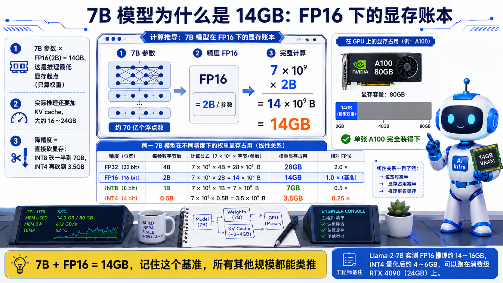 7B模型在FP16下的显存账本相关信息示意图
