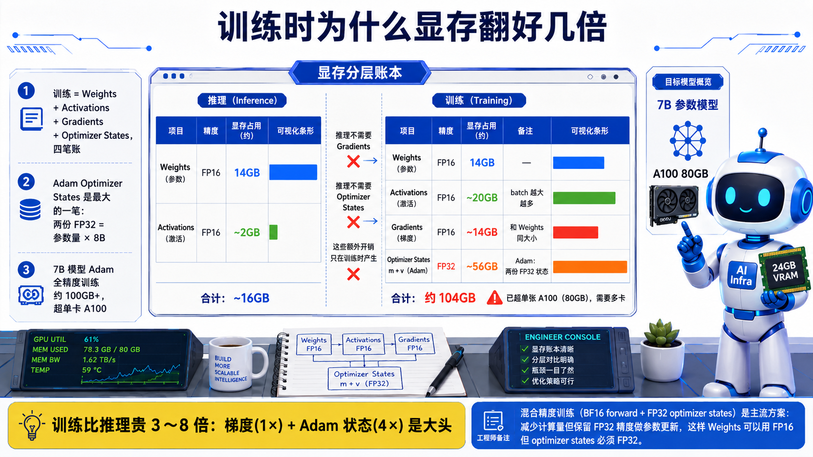 训练7B模型时显存需求翻倍的原因示意图