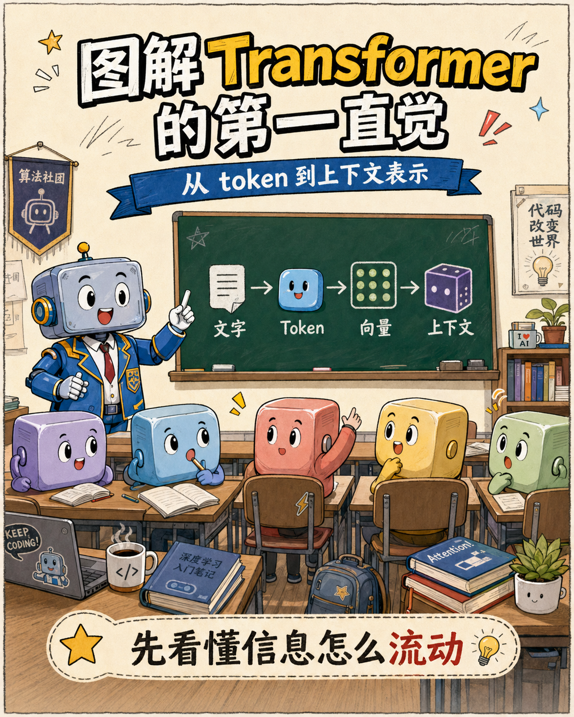 图解Transformer的第一直觉 从token到上下文表示示意图