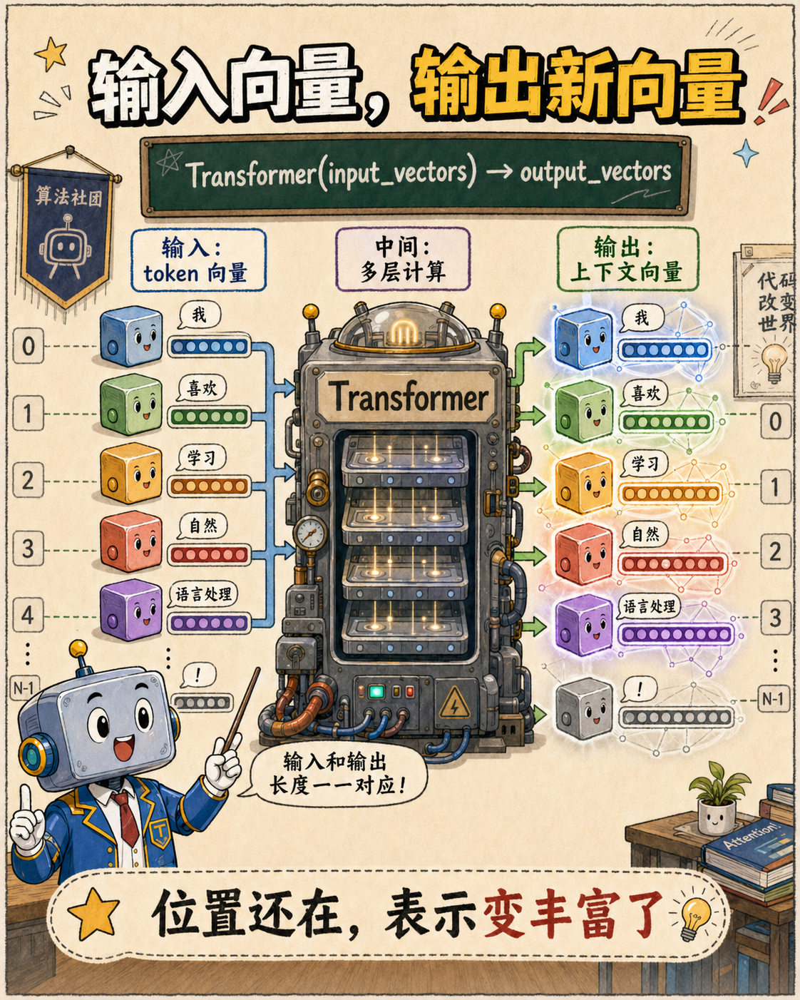 Transformer处理输入向量生成输出向量示意图