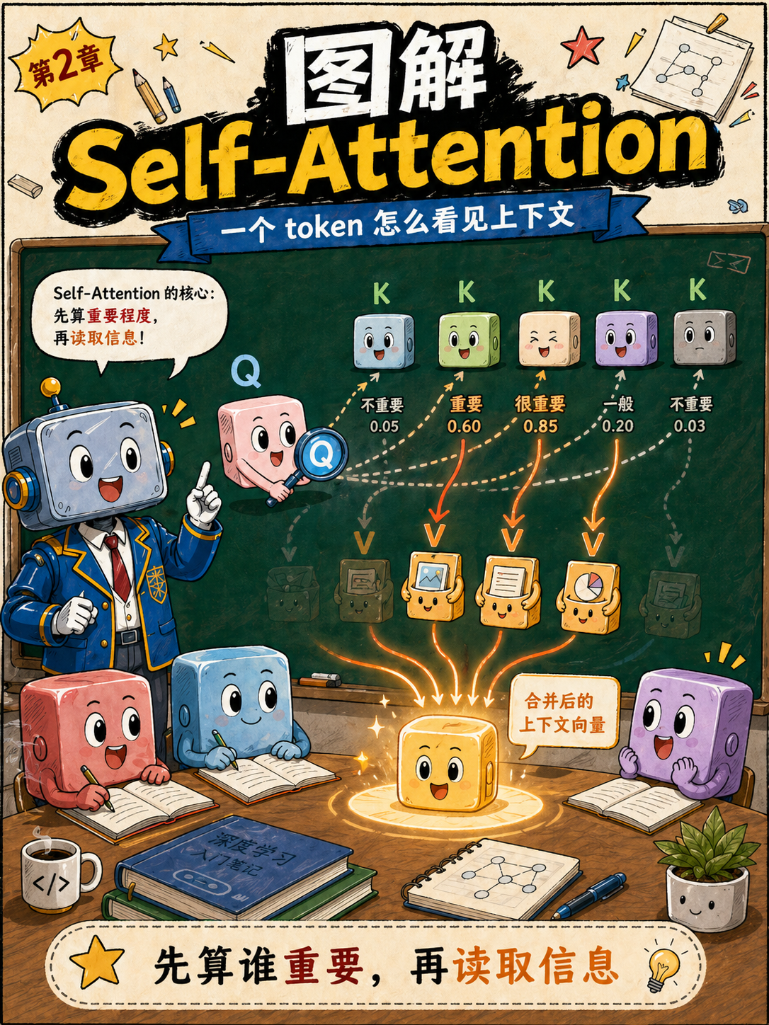 图解Self-Attention 一个token怎么看见上下文示意图