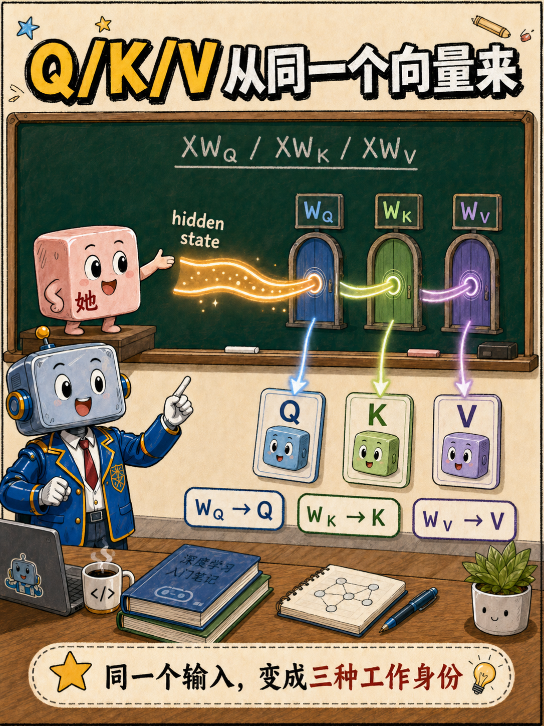 Q、K、V从同一个向量来示意图