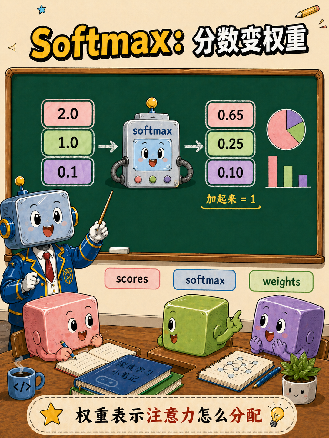 Softmax:分数变权重示意图