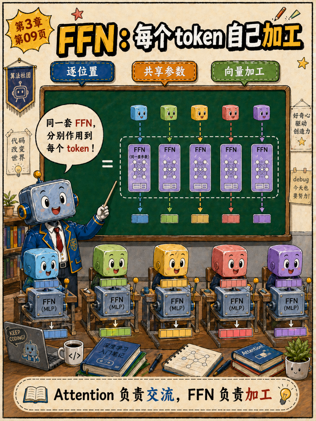 FFN(前馈神经网络)对每个token进行加工的原理示意图