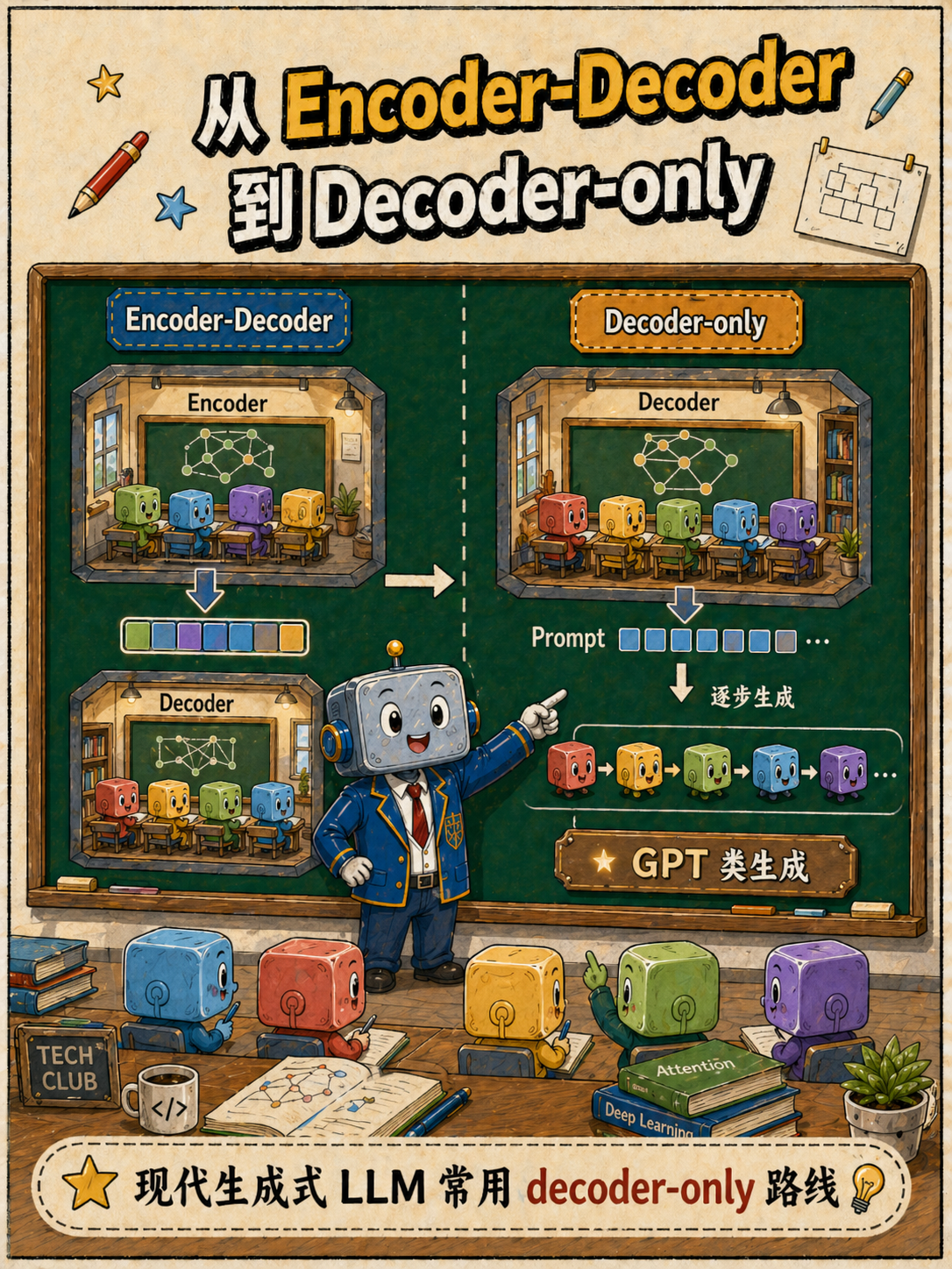 从 Encoder-Decoder 到 Decoder-only示意图