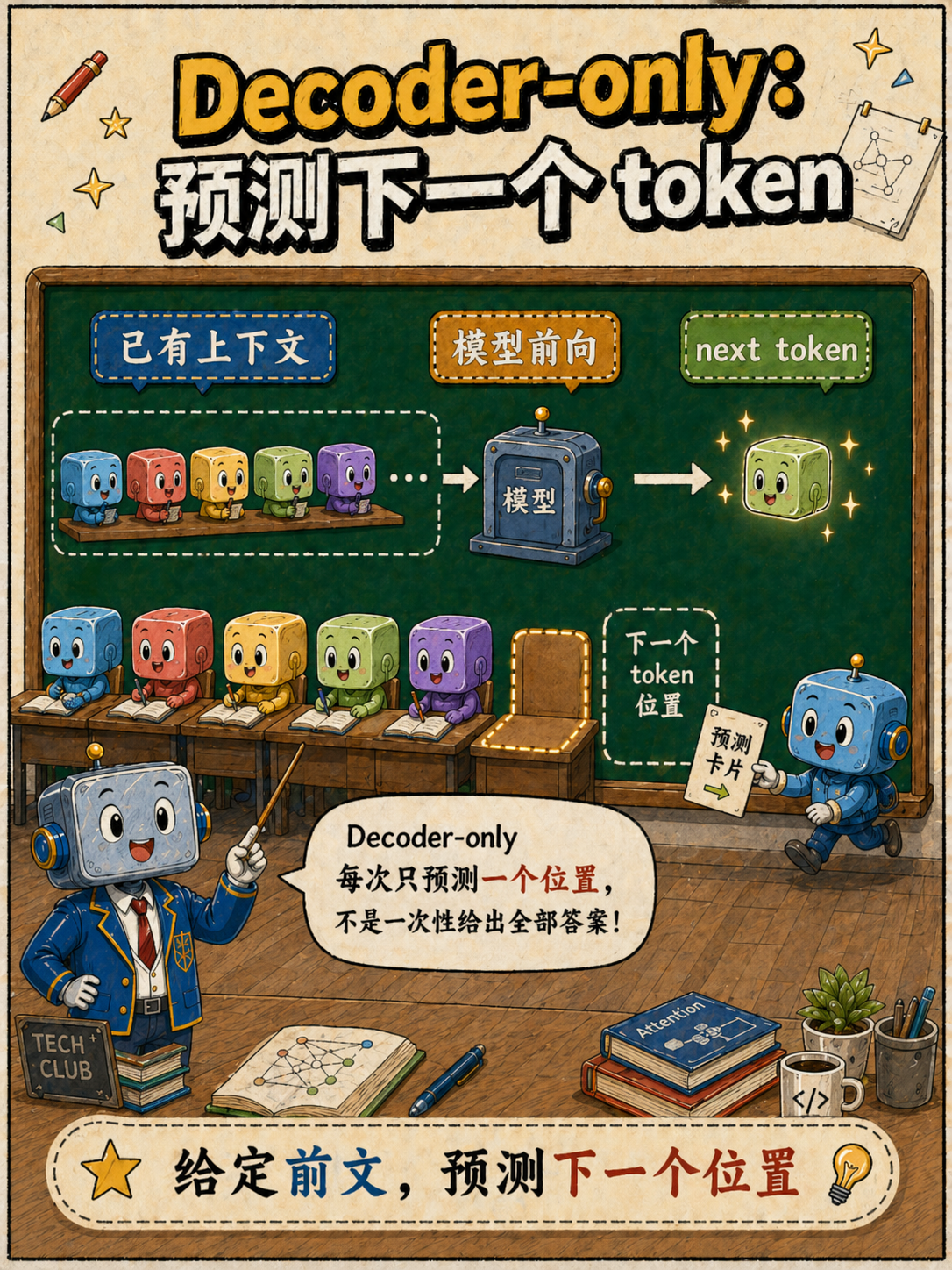 Decoder-only:预测下一个 token示意图