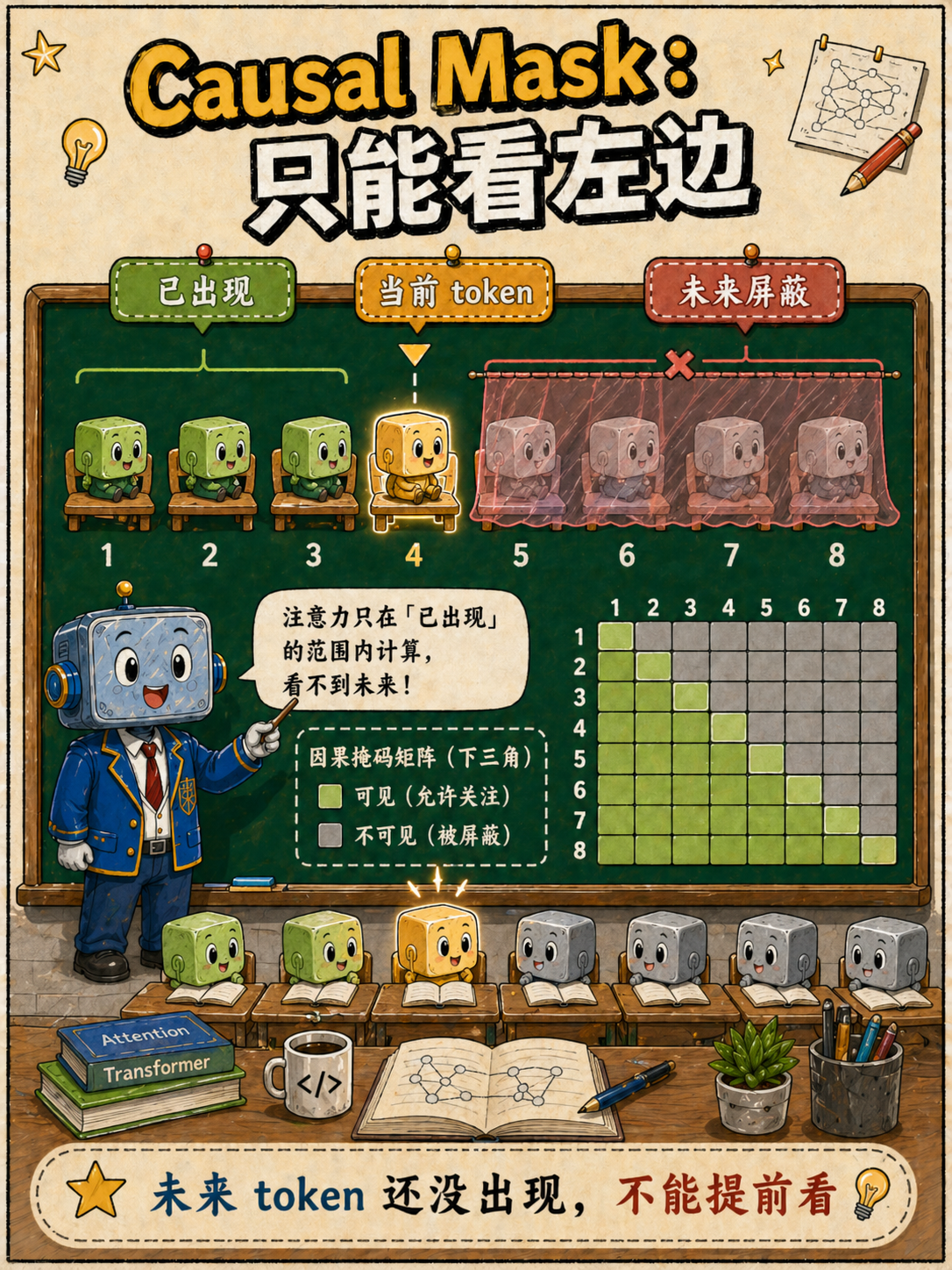 Causal Mask:只能看左边示意图