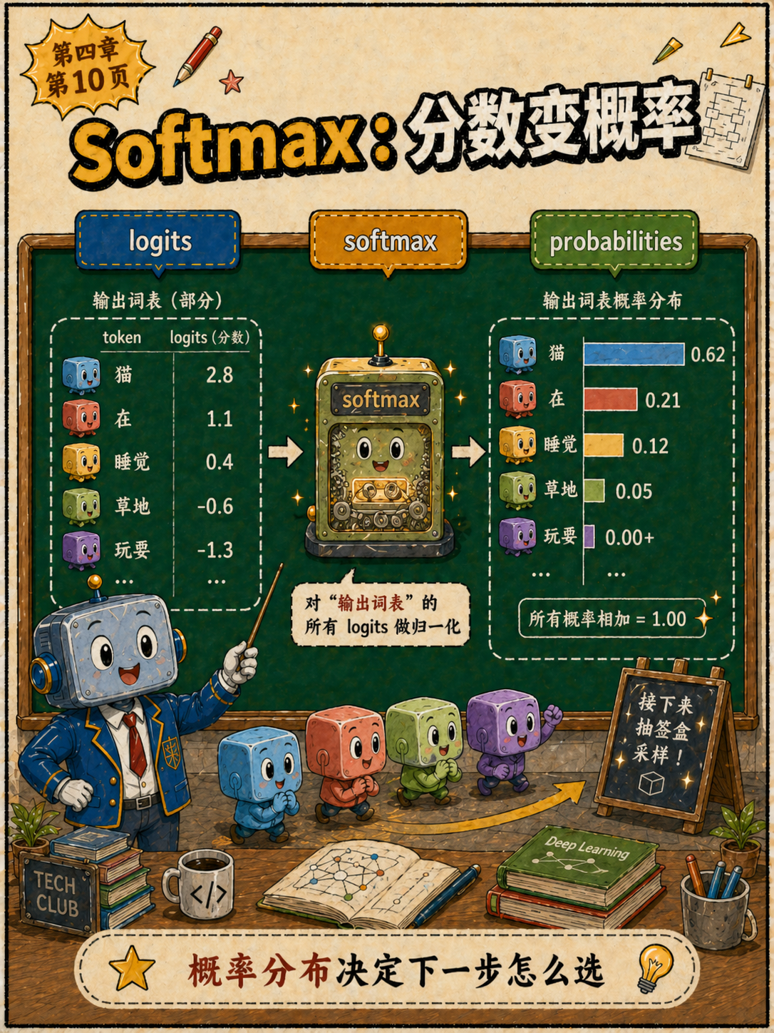 softmax将logits转成概率分布示意图