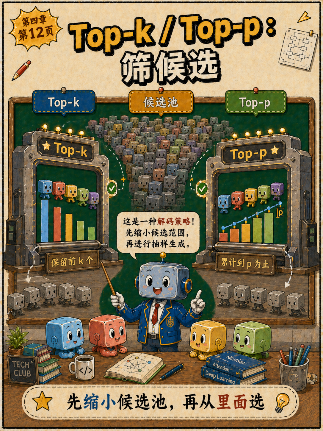 Top-k和Top-p两种筛选候选的解码策略示意图