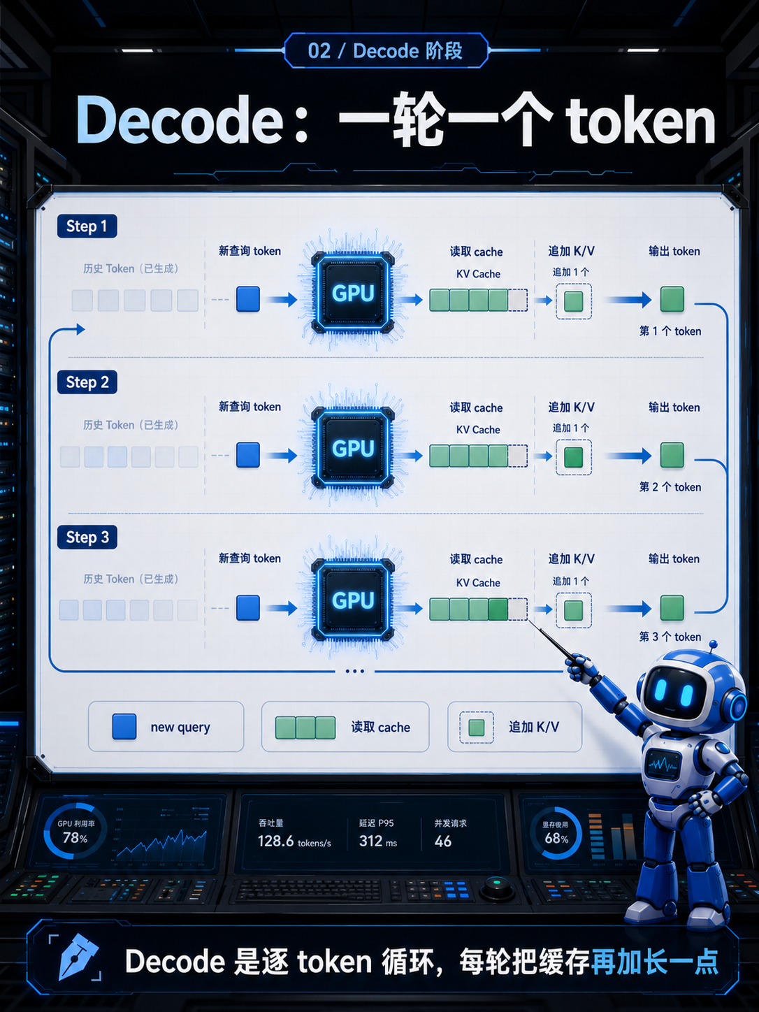 LLMM推理工程中Decode阶段每轮只生成一个新token示意图
