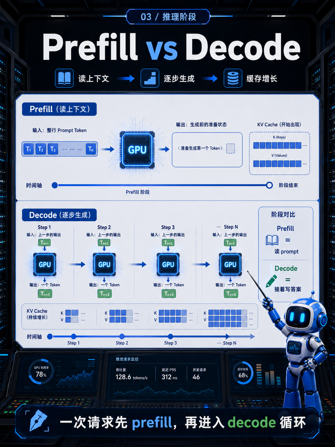 LLM推理工程中Prefill vs Decode时间轴示意图