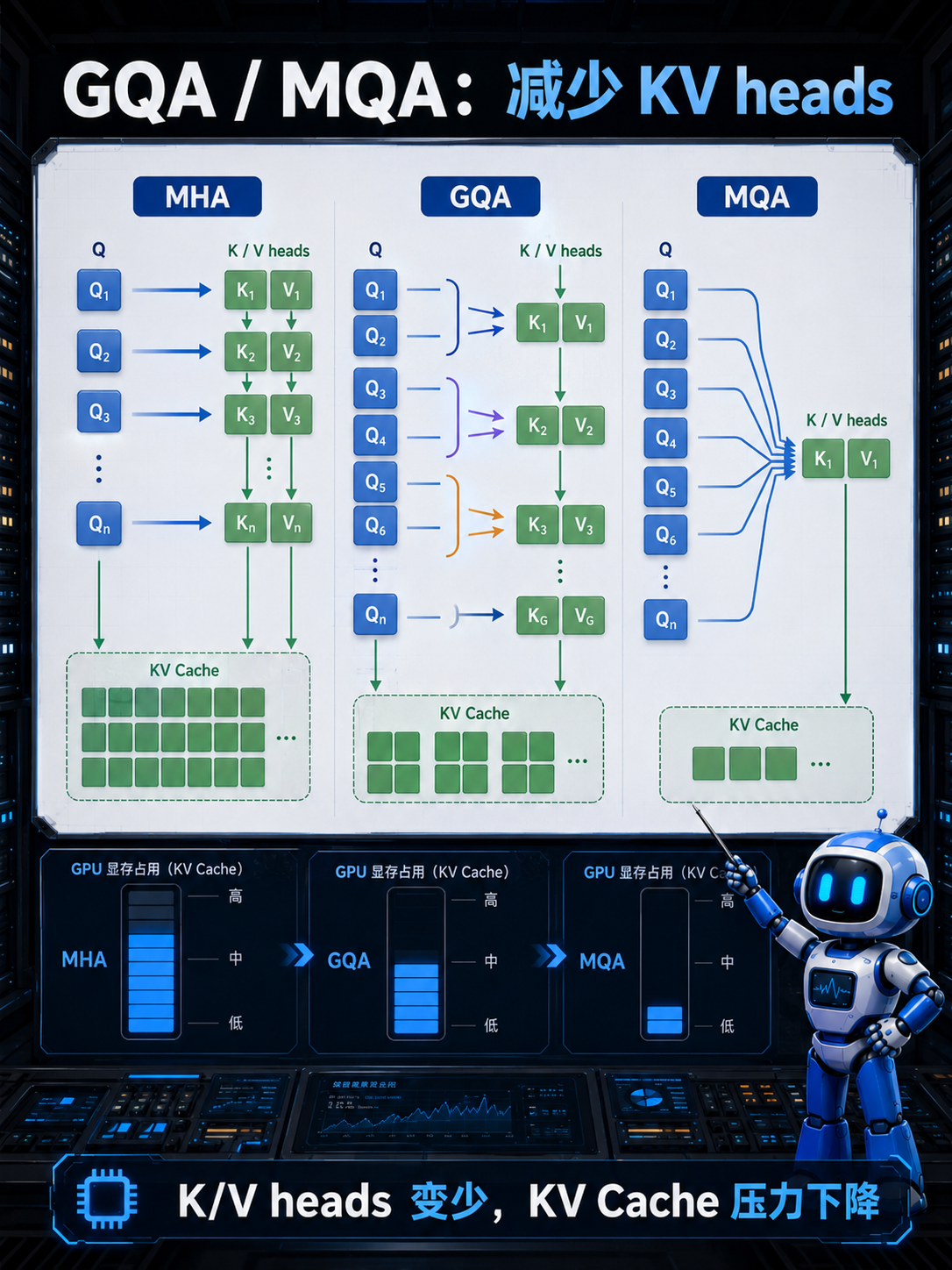 MHA、GQA、MQA三种注意力机制中K/V heads数量的变化对KV Cache显存占用的影响示意图