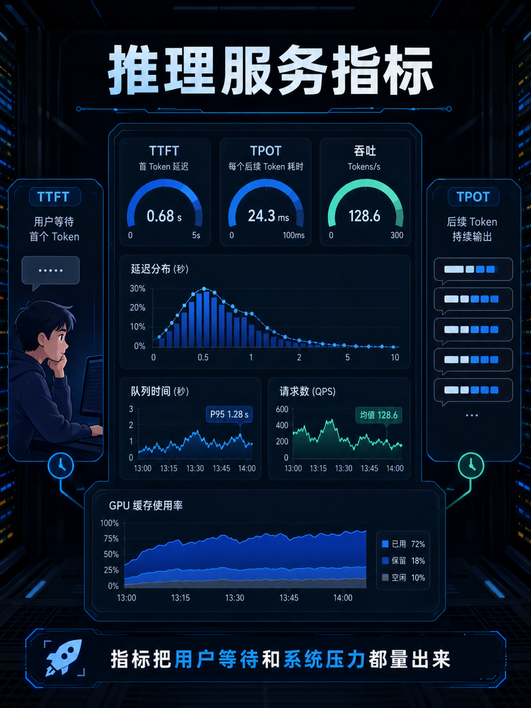 推理服务指标,包括TTFT(0.68秒)、TPOT(24.3毫秒)、吞吐(128.6 Tokens/s)等关键数据示意图
