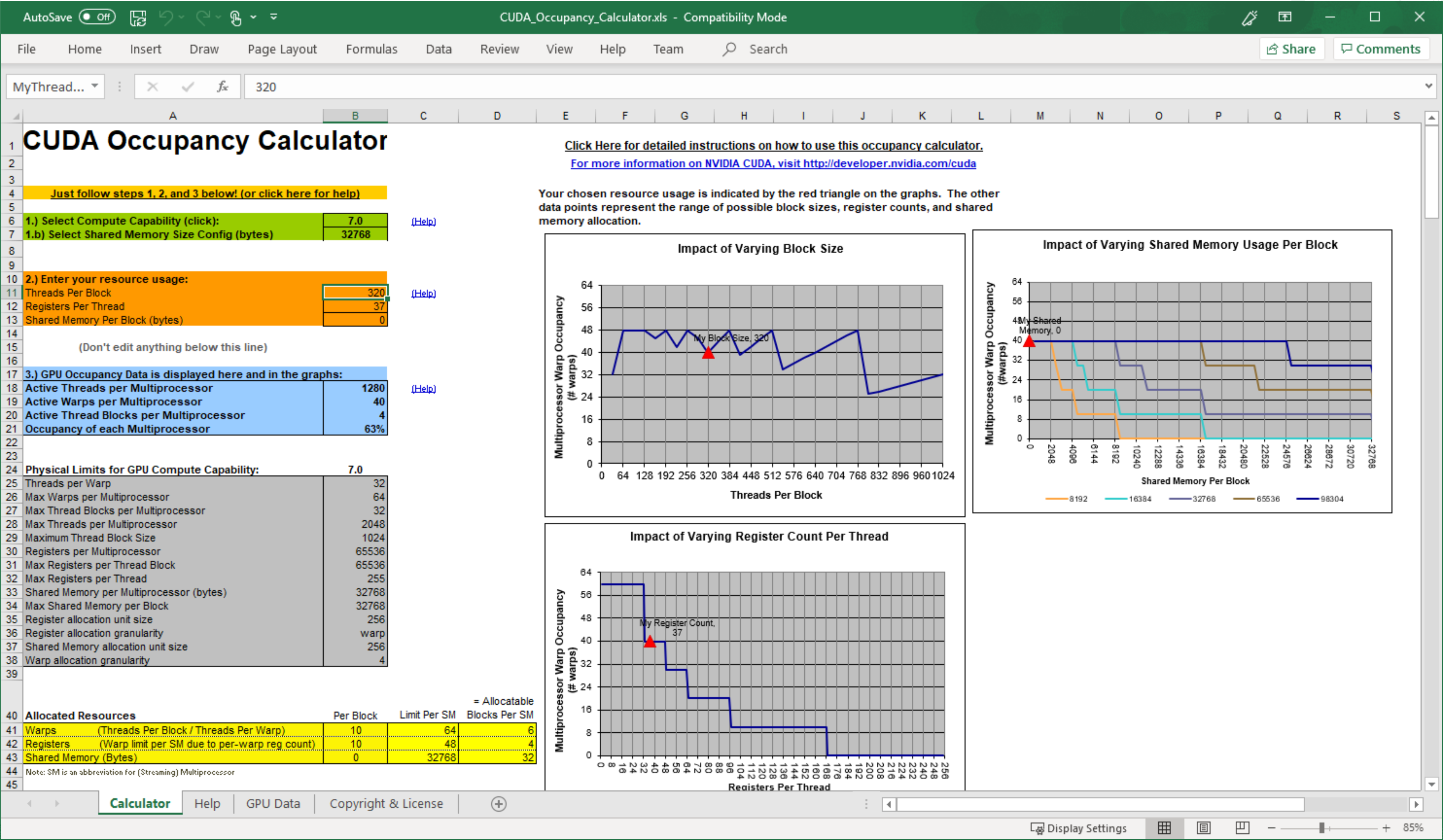 CUDA Occupancy Calculator界面示意图