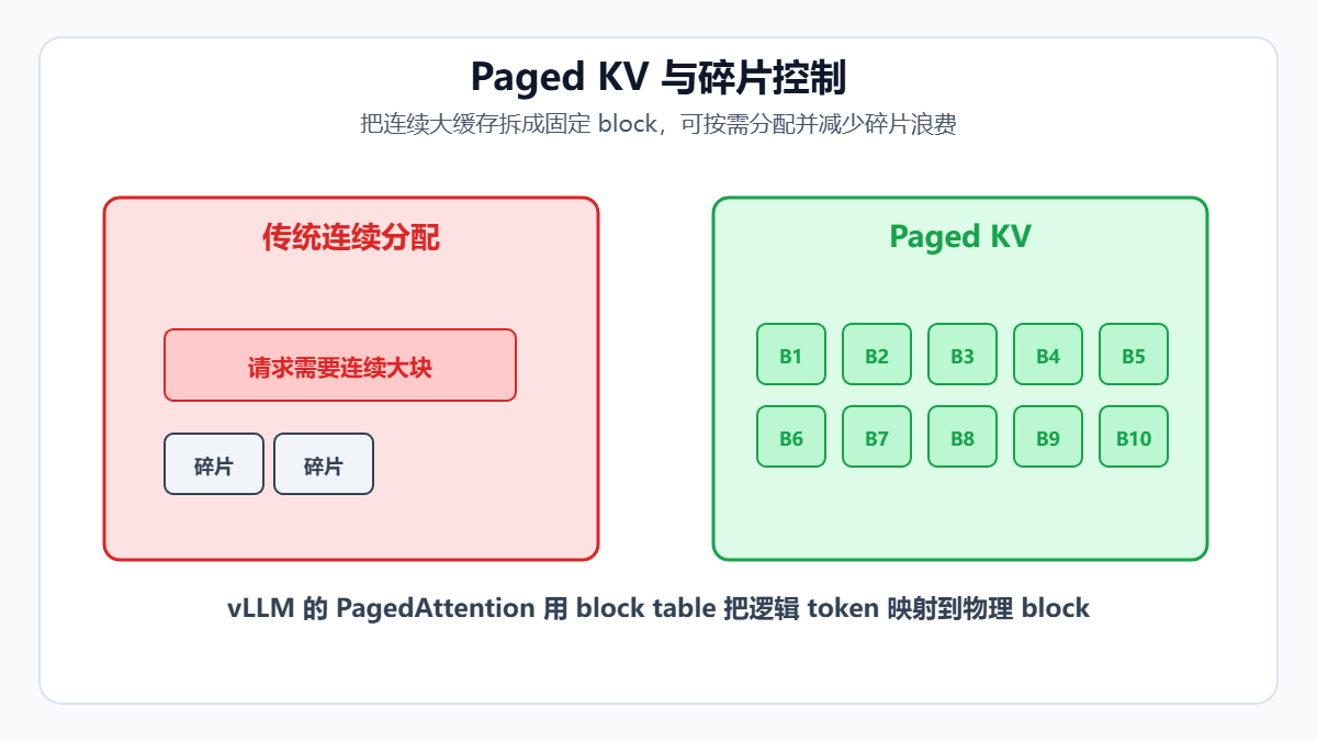 Paged KV与碎片控制示意图