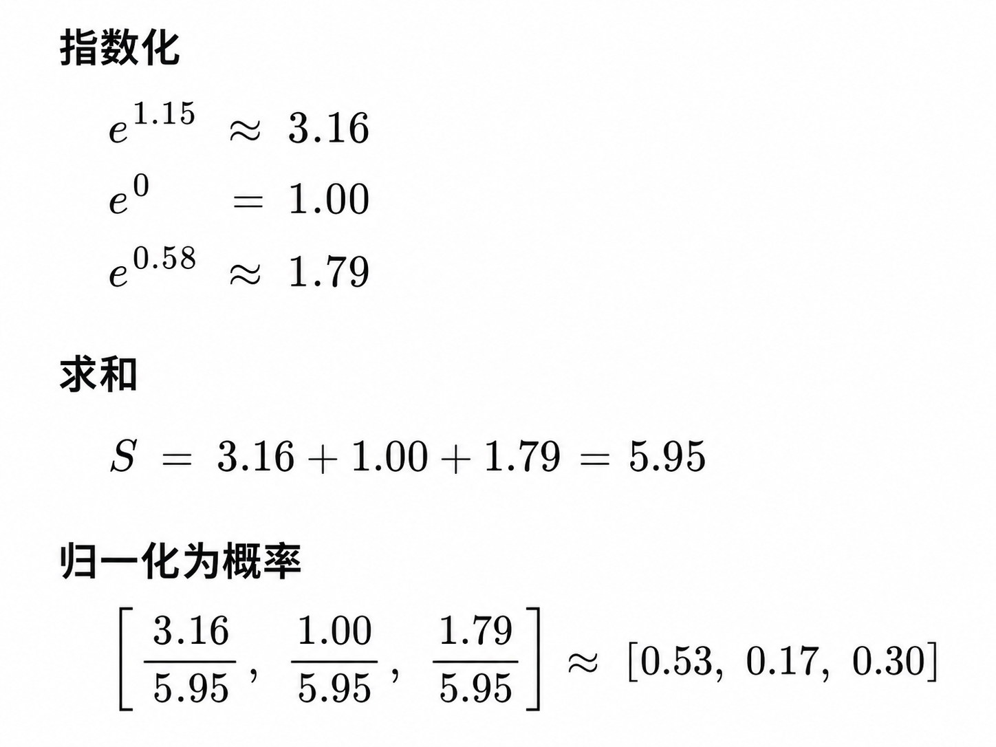 缩放点积注意力中算权重(Softmax)的计算过程示意图