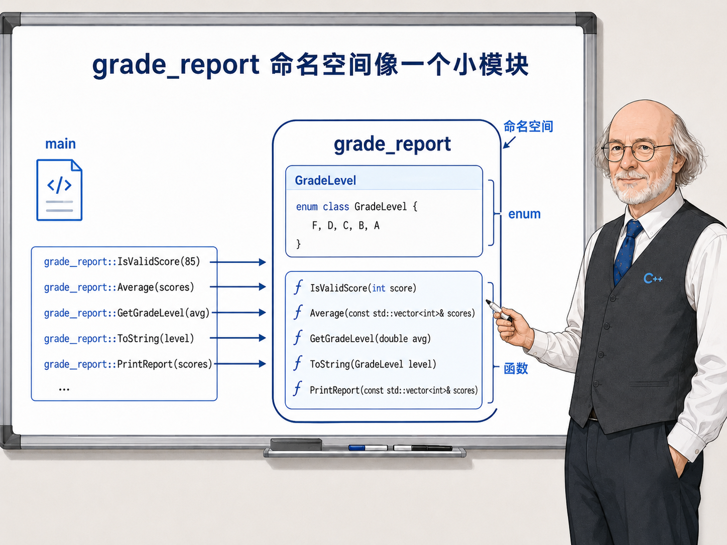 C++ grade_report 命名空间示意图