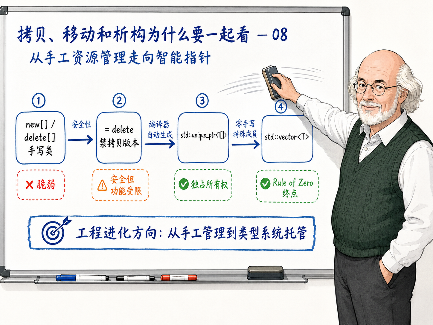 C++ 从手工资源管理走向智能指针的过程示意图