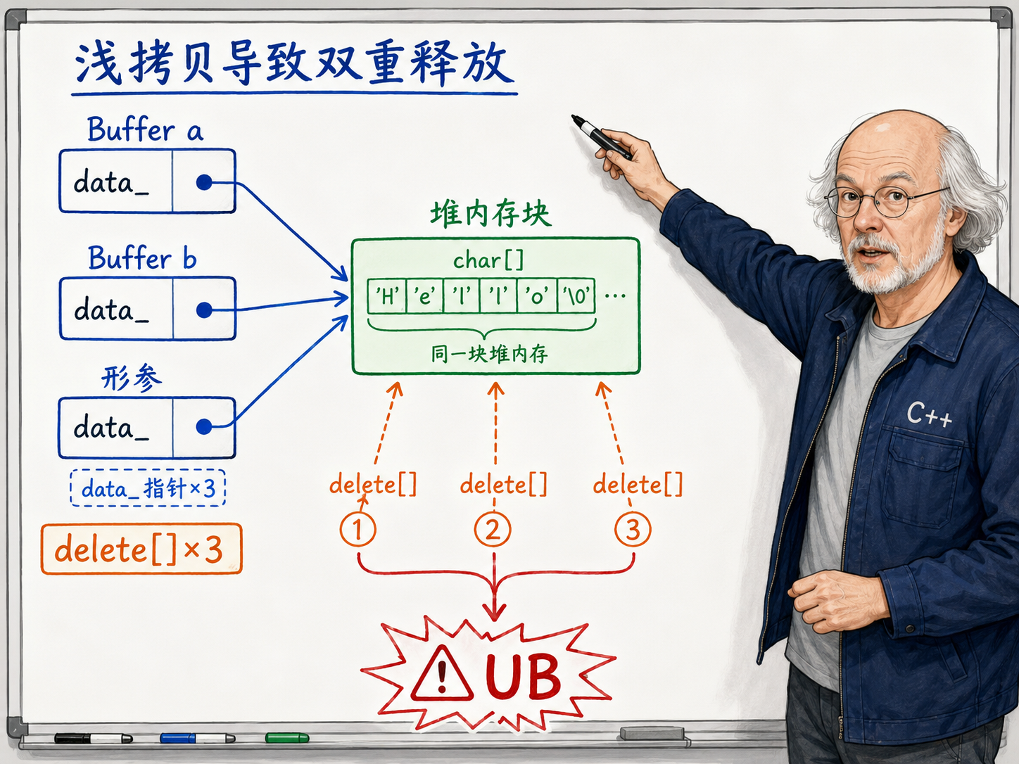 C++ 浅拷贝导致双重释放的问题示意图