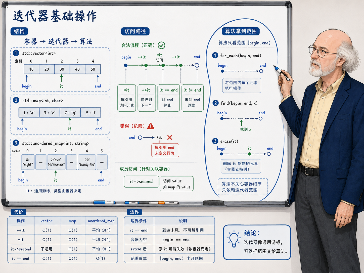 C++ 迭代器的基本操作示意图