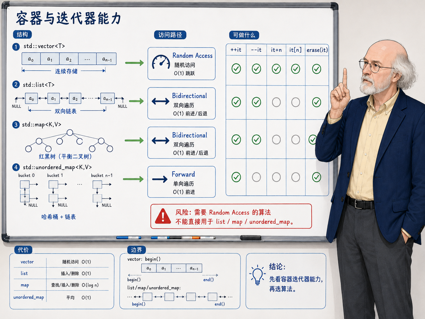 C++ 容器与迭代器能力的对照表示意图