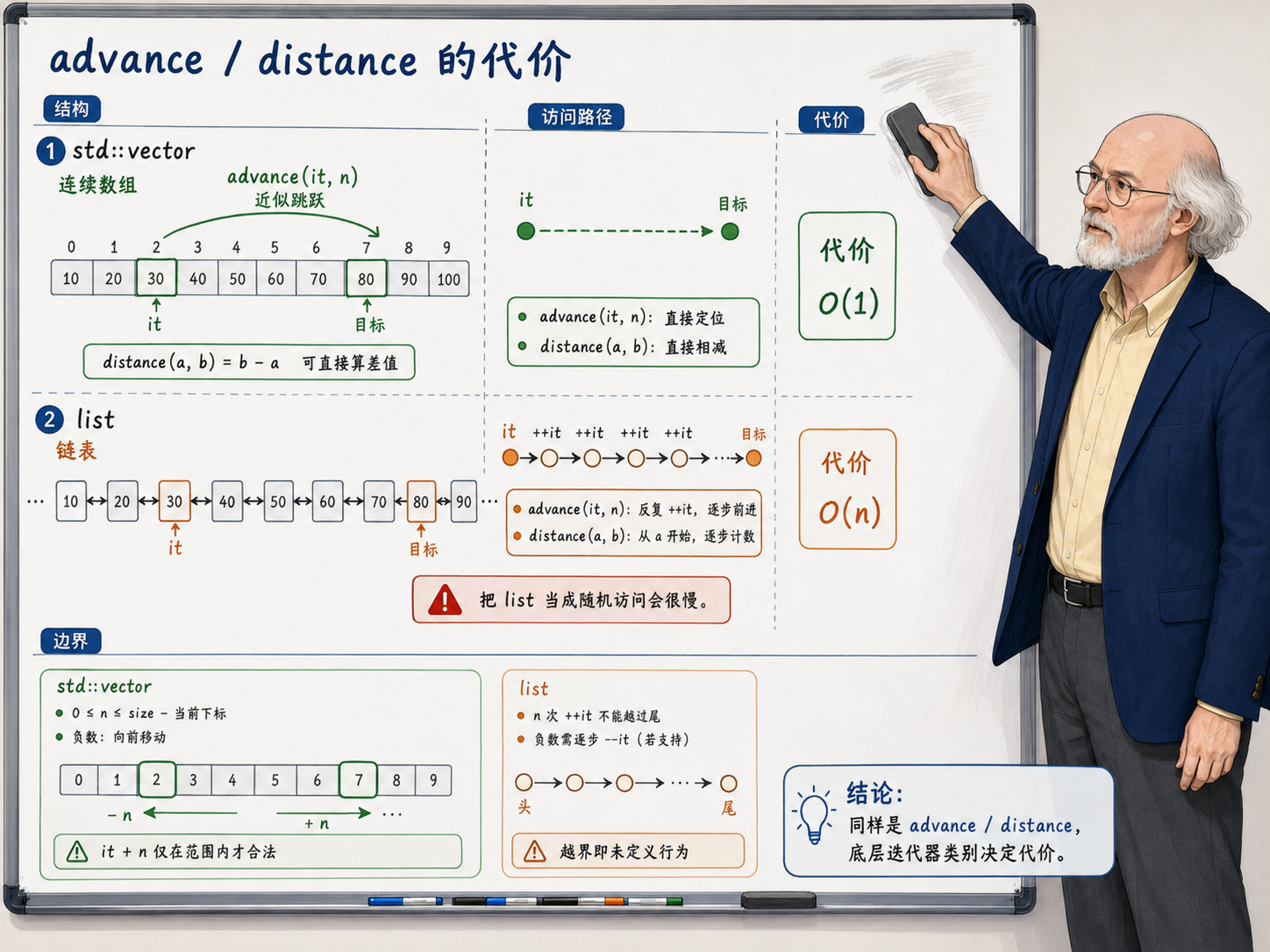 C++ advance和distance在std::vector和list上的代价对比