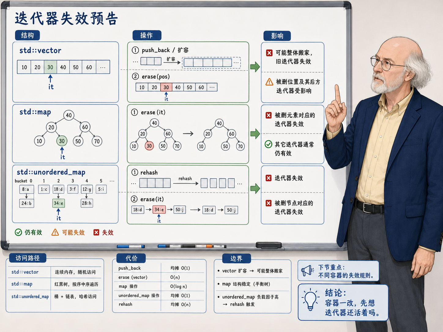 C++ 迭代器失效的三种情况示意图