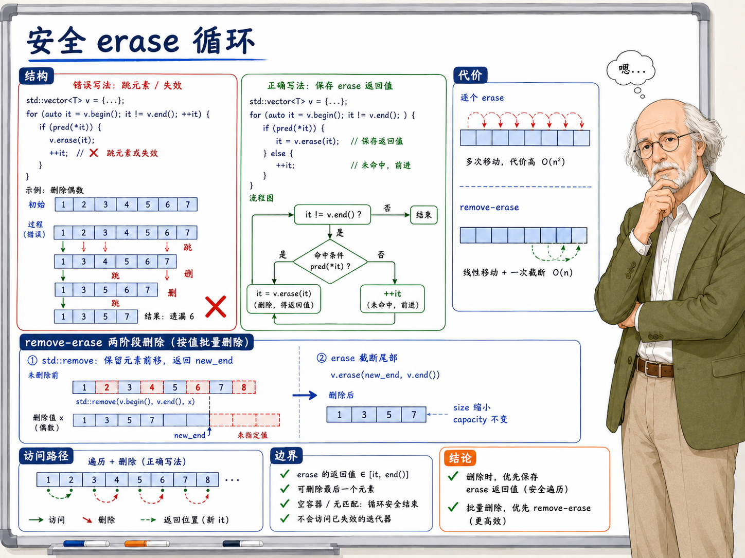 C++ 安全erase循环的结构、流程图及关键细节示意图
