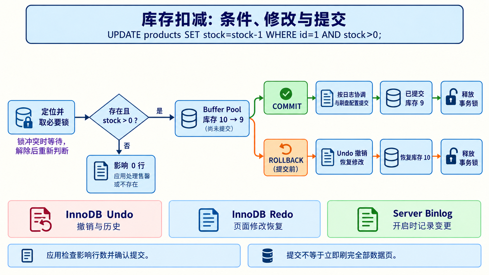 库存扣减：条件、修改与提交