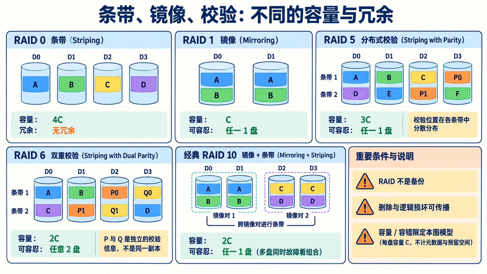 条带、镜像、校验：不同的容量与冗余