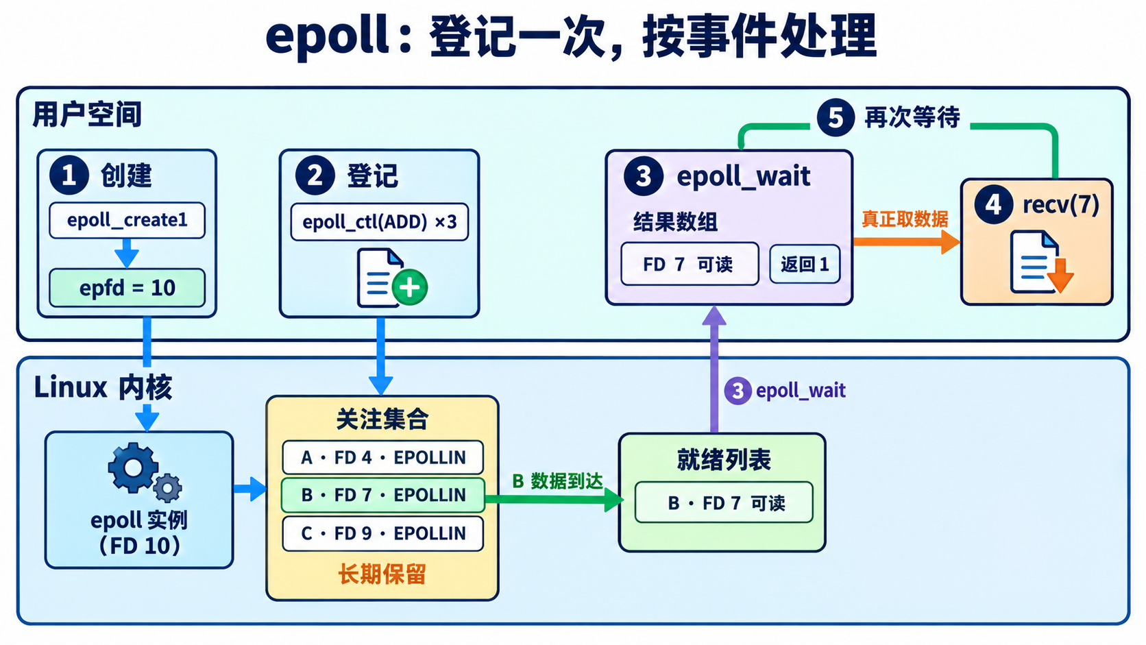epoll：长期登记关注对象并将就绪事件返回用户数组