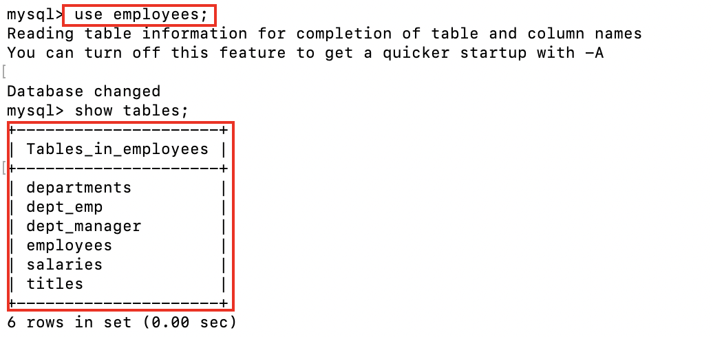 MySQL employees 示例库与数据表列表