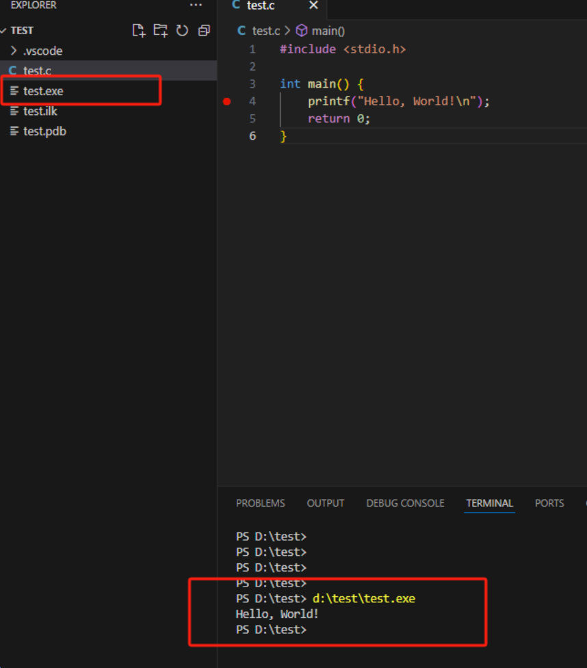 VS Code 终端中的 Hello World 运行输出
