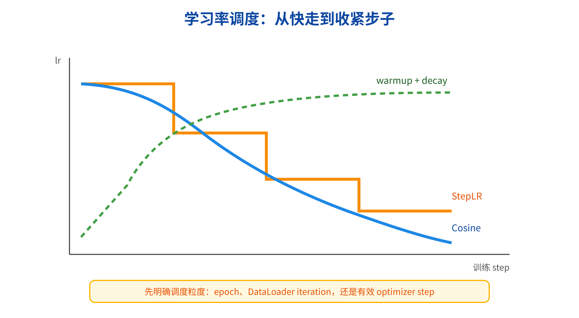 图片展示了学习率调度从快走到收紧步子的过程，横轴为训练步数，纵轴为学习率。图中呈现了warmup + decay（虚线）、StepLR（橙色折线）和Cosine（蓝色折线）三种学习率调度方式。StepLR在特定步数处有明显下降，Cosine则呈现平滑下降趋势。图片下方提示“先明确调度粒度：epoch、DataLoader iteration，还是有效optimizer step”，与上下文强调调度器应以“全局step”理解，多卡训练中每个rank的step要对齐等内容相呼应。