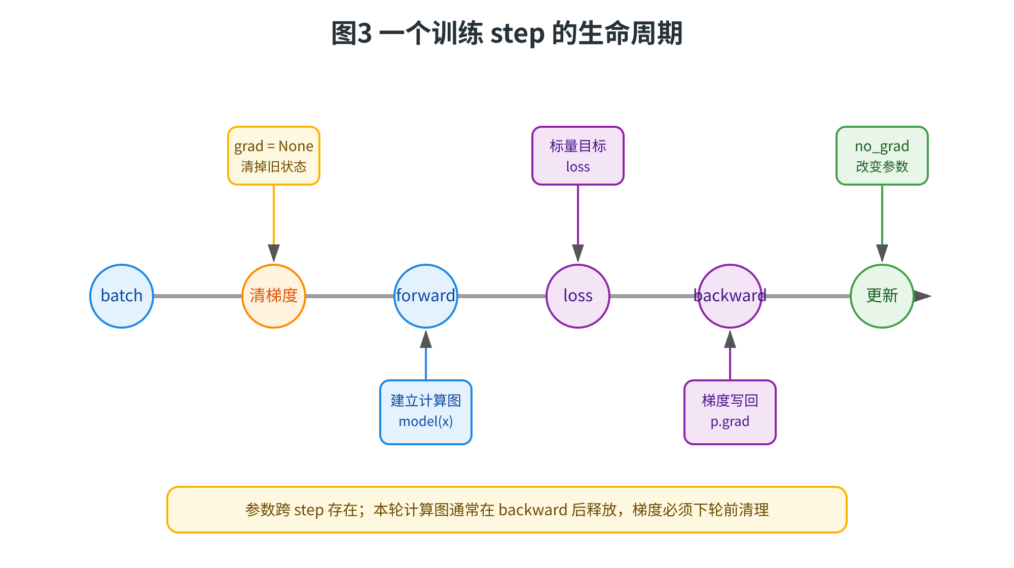 图片展示了训练step的生命周期。从batch开始,先清梯度,再建立计算图model(x);接着计算loss,然后沿图反向计算梯度写回p.grad;最后改变参数。图中还标注了“参数跨step存在;本轮计算图通常在backward后释放,梯度必须下轮前清理”。该图与上下文紧密相关,直观呈现了训练step中各阶段的流程及状态变化,帮助理解训练循环中各部分的联系与操作。