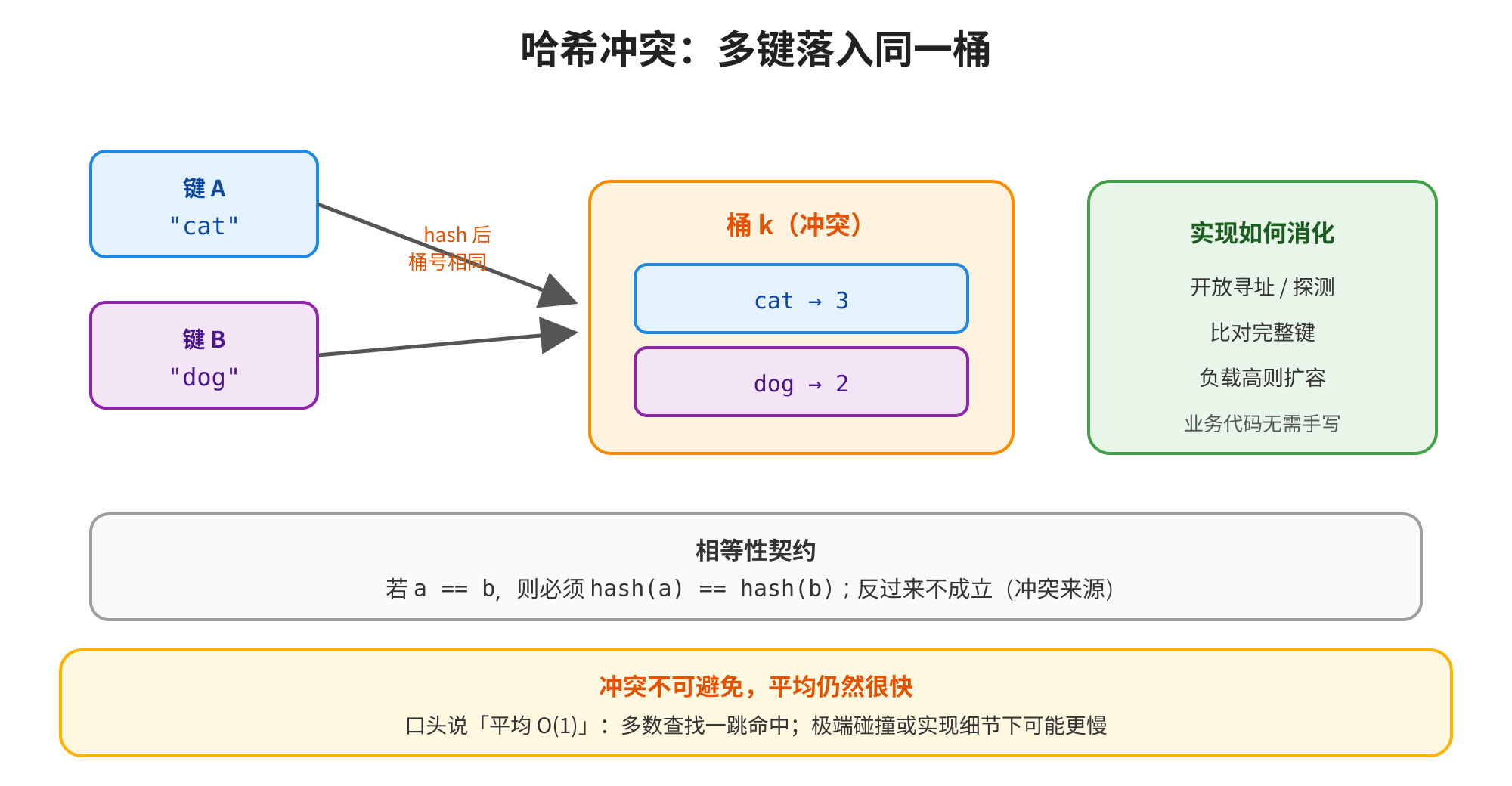 图片展示了哈希冲突时多键落入同一桶的情况。图中键A“cat”和键B“dog”经hash后落入桶k(冲突),桶内已有“cat→3”和“dog→2”。右侧绿色区域说明实现如何消化冲突,包括开放寻址、探测、比对完整键、负载高则扩容等,业务代码无需手写。底部黄色框强调冲突不可避免,平均仍很快,多数查找一跳命中,极端碰撞或实现细节下可能更慢。此图与上下文紧密相关,直观呈现了哈希冲突及解决策略。