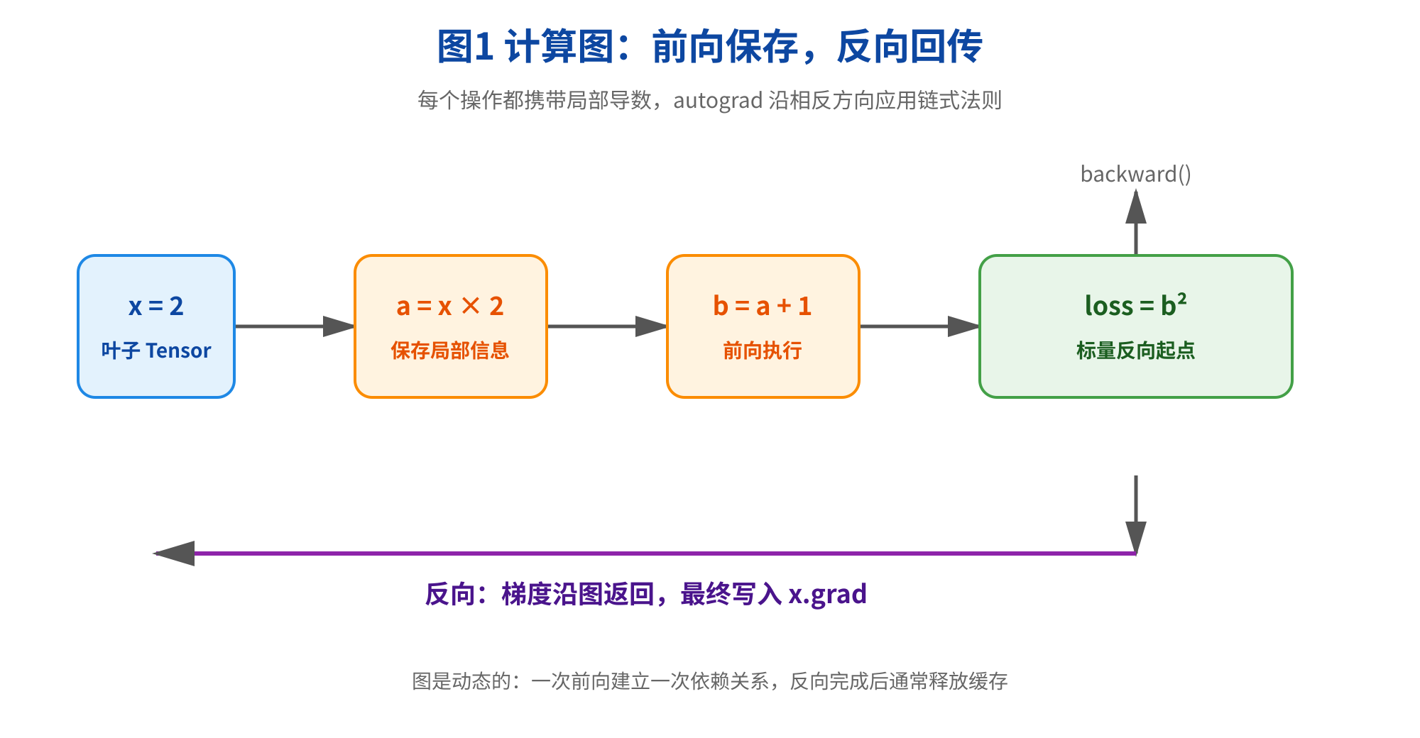 图片展示了从x到loss的计算图,呈现了前向和反向计算过程。x为叶子Tensor,经a = x × 2操作保存局部信息,再经b = a + 1操作前向执行,最终loss = b²作为标量反向起点。反向时,梯度沿图返回,最终写入x.grad。图说明每个操作都携带局部导数,autograd沿相反方向应用链式法则,且图是动态的,一次前向建立一次依赖关系,反向完成后通常释放缓存。