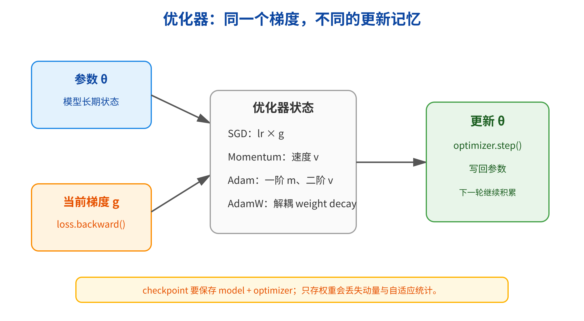 图片展示了优化器在不同优化算法下对同一个梯度g的不同更新记忆。左侧为参数θ和当前梯度g，中间是优化器状态，包括SGD的lr×g、Momentum的v、Adam的一阶m、二阶v、AdamW的解耦weight decay，右侧是更新θ，通过optimizer.step()写回参数并继续积累。底部提示checkpoint需保存model + optimizer，只存权重会丢失动量与自适应统计。该图与上下文紧密相关，直观呈现了不同优化器在处理相同梯度时的差异。